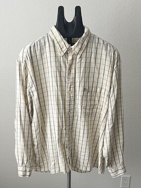Ralph Lauren Jeans Co Windowpane Plaid Button Down Shirt XL Cream Blue Cotton